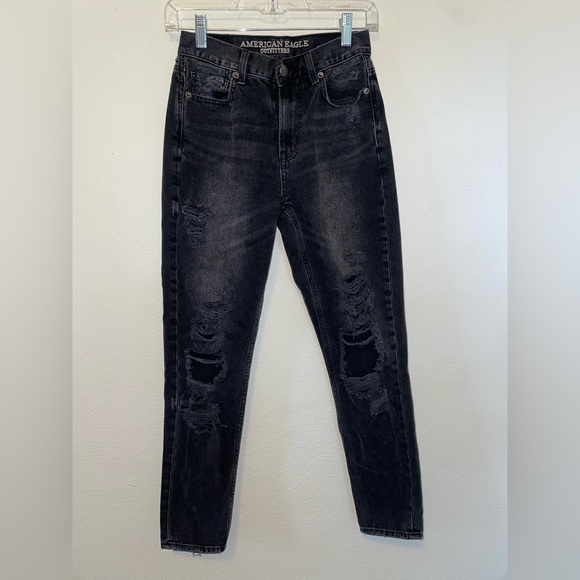 American Eagle Faded Washed Black Distressed Mom Jean - Picture 1 of 7